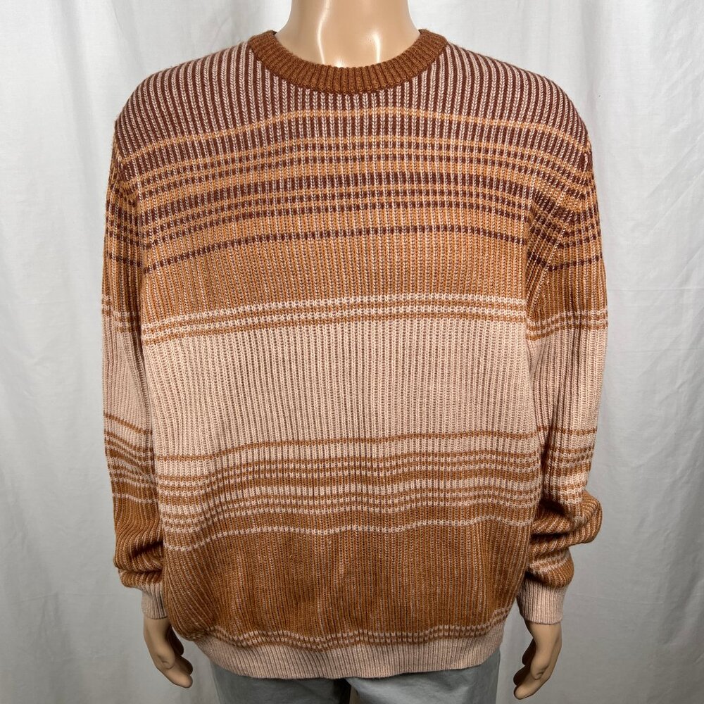 Topman Men's XL Brown Acrylic Wool Blend Retro Striped Knit Crew Neck Sweater